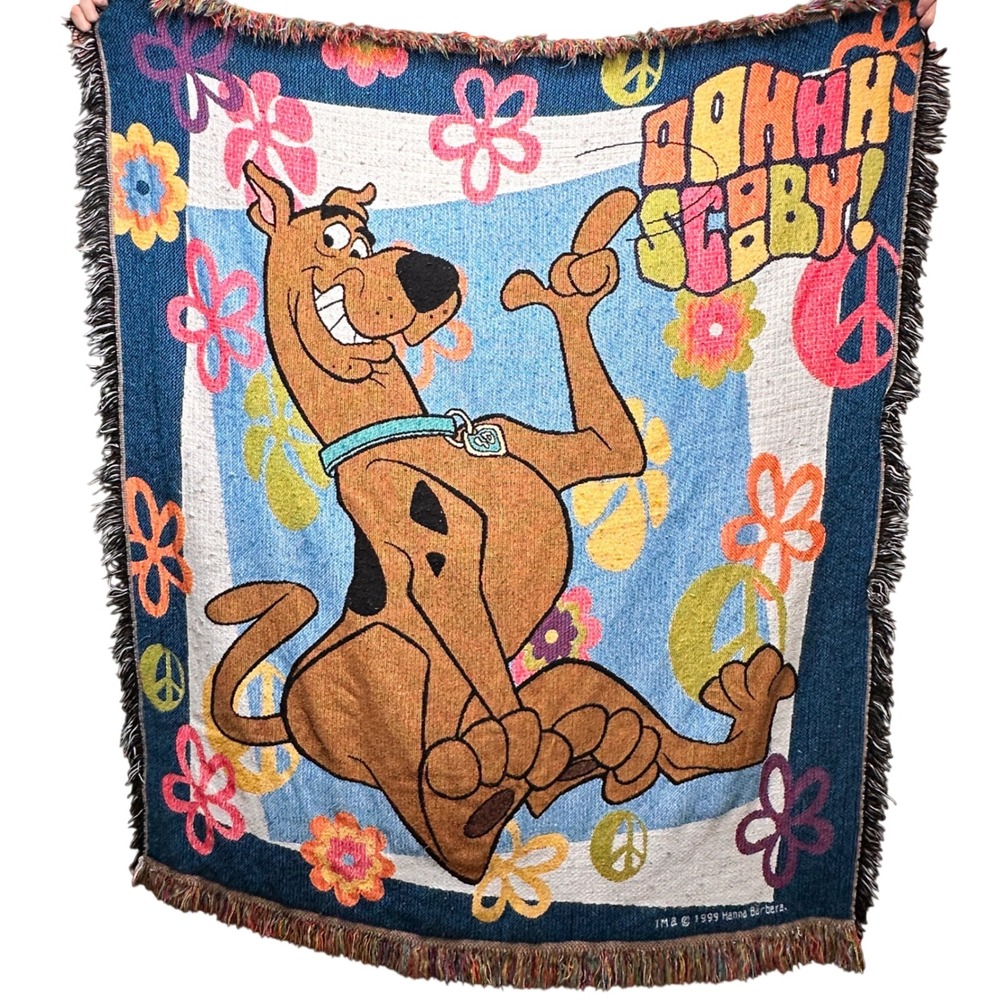 Vintage 1999 Scooby Doo Hanna Barbera Woven Throw Blanket Peace Flower 45x52